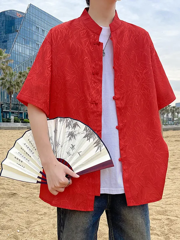 

New Summer Chinese Sle irt Men's ort Sve Button up Stand Collar Bamboo Le Embroidery Breathable Stand Fit Polye...