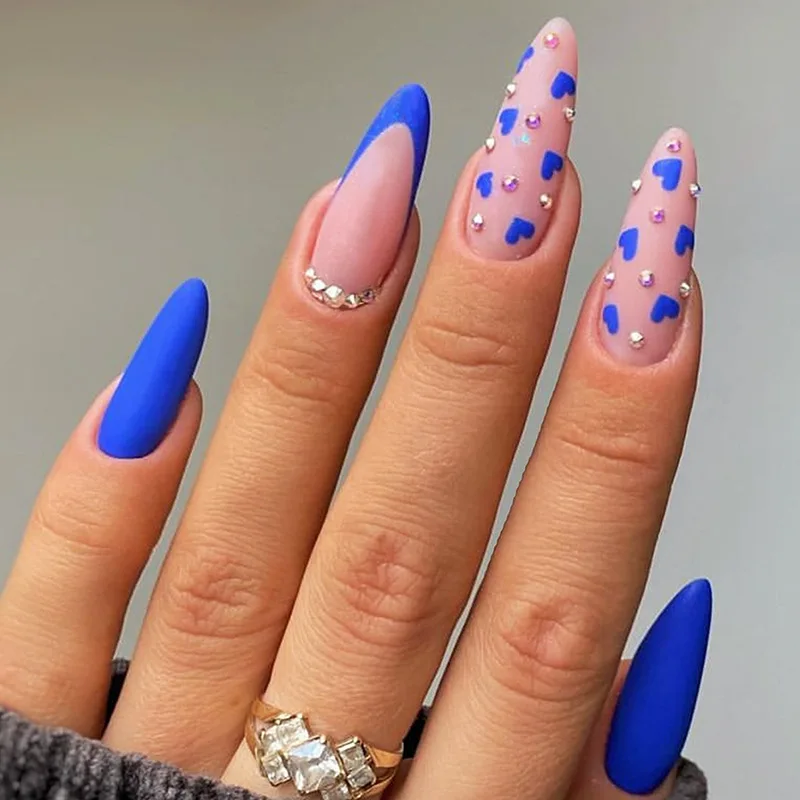 

24Pcs Long French Almond Nails Set Press on With Blue Love Heart Design Fake Nail for Woman Datachable Finished False Nails Tips