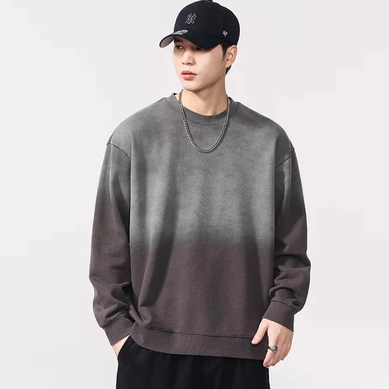 Vintage Washed Gradient Cotton Oversize Sweatshirt Men Streetwear Fashion Loose Casual Plus Size Wide Fat Pullover Sweatshirts