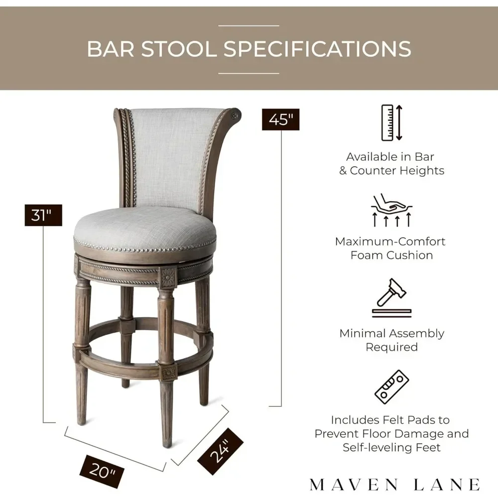 31 Inch Tall Bar Height Upholstered Barstool with Back in Reclaimed Oak Finish with Ash Grey Fabric Cushion Seat, Set of 4