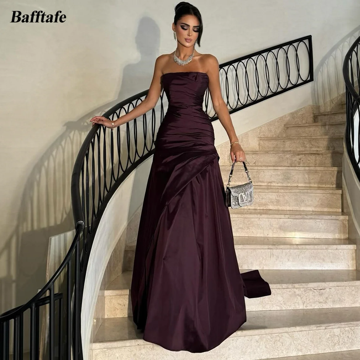 

Bafftafe Purple Taffeta Long Prom Dresses Customized Women's Evening Dress Arabic Pleated Formal Birthday Party Gowns 2026