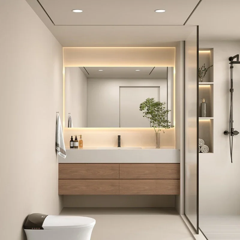 

#Modern European Style Modern Floating Bath Top Double Sink Smart Bathroom Vanity Cabinet Sets