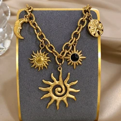 Vintage Chunky Chic Starfish Moon Sun Shaped Pendant Stainless Steel Charm Necklace Statement Golden Thick Chain Fashion Jewlery
