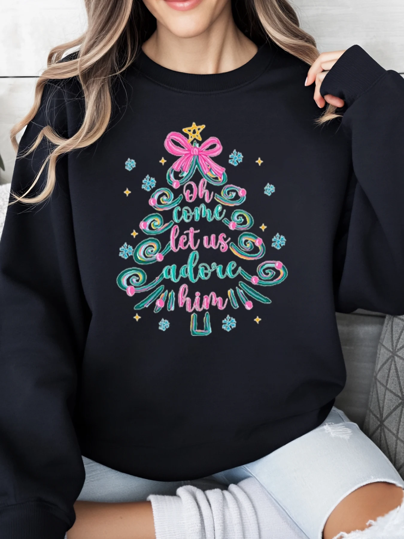 

Рождественская елка Oh Come Let Us Adore Him, Рождественский свитшот с принтом, женская праздничная повседневная одежда, черный, больших размеров