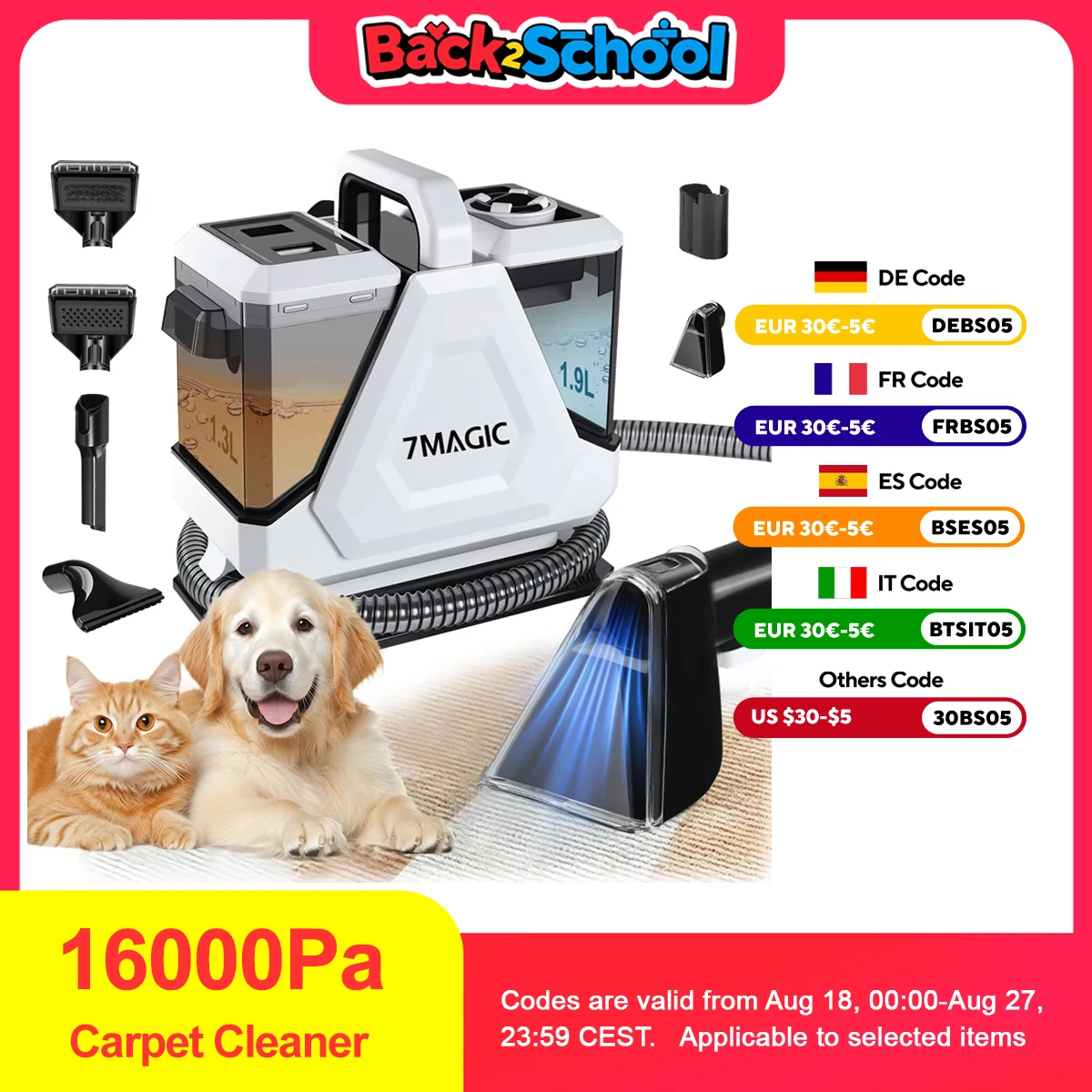 Robuster 16-kpa-Hand-Teppich- und Polsterreiniger mit leistungsstarker Saugkraft, große 1300 ml schmutzige und 1900 ml Süßwassertanks,