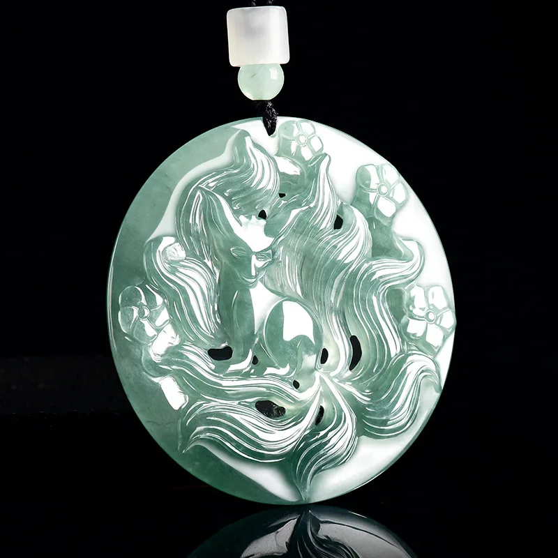 Authentic Natural A-grade Jade Blue Water Fox Fairy Nine Tailed Pendant Ice Seed Jadeite Men's Charms Women's Jewelry Drop Ship