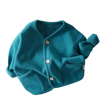 Korean Children's Loose Solid Color Long Sleeved Cardigan Autumn Style Pure Cotton Casual Top Jacket for Boys and Girls 6