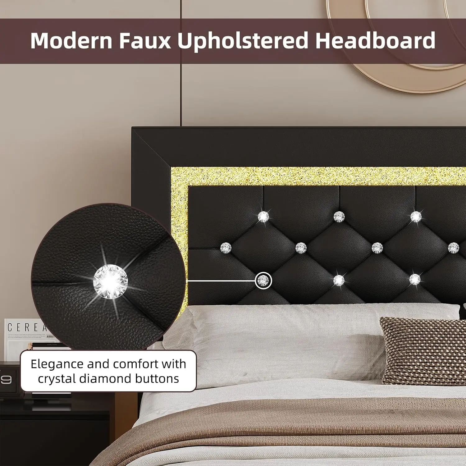 Floating Bed Frame with LED Lights, Upholstered Bed Frame Twin with Diamond Headboard, No Box Spring Needed, Noise, Custom view 4