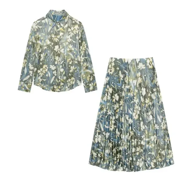 New Female Elegant Metallic Flower Print Set Long Sleeves Shirt+Midi Pleated High Waist Skirt 2024 Spring