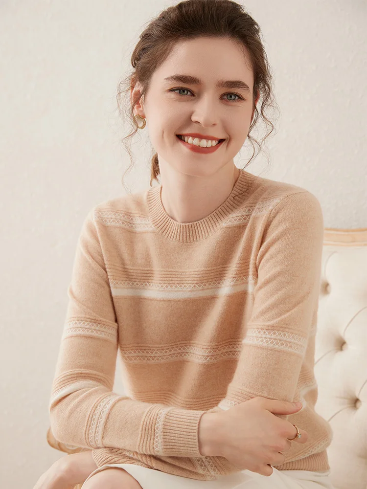 Sweater Pullover kasmir wanita, pakaian rajut kasual dasar sederhana leher O bergaris 100% untuk musim semi