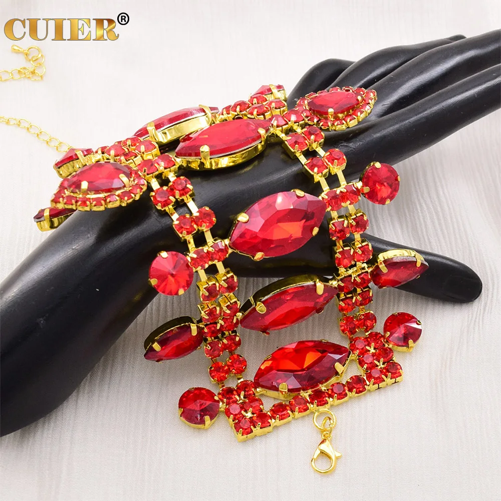 CUIER 10.5cm Width Red Rhinestones Gold Bracelet for Women Bangle Jewelry Drag Queen