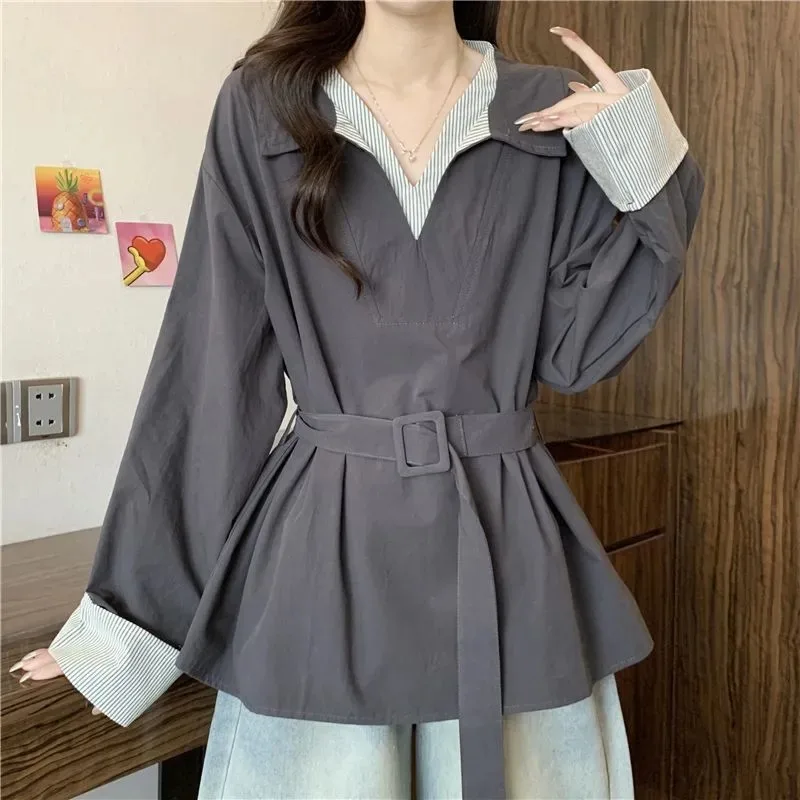 French Chic Contrasting Color Splicing Striped Fake Two-piece Shirt Autumn New Versatile Slimming Temperament POLO Collar