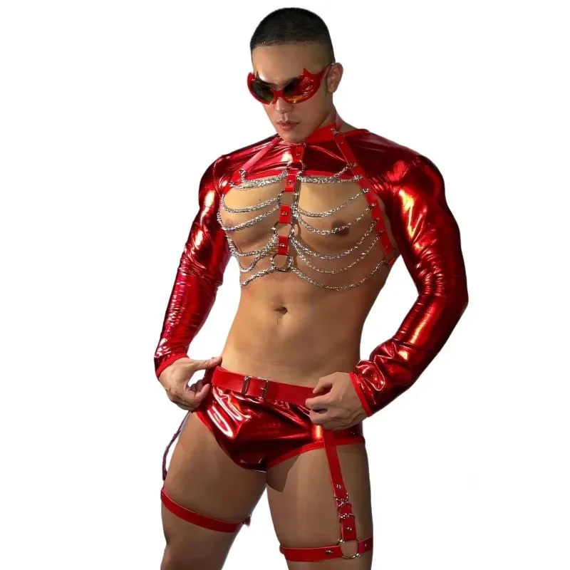 

Bar Nightclub DJ Gogo Pole Dance Rave Outfit Male Singer Dancer Stage Performance Costume Sexy Red Chest Chains Tops Shorts Set