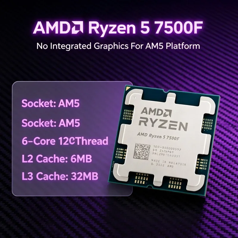 Home PC CPU R5 7500F 5nm Zen 4 6 Core 12 Thread 3.7GHz 32MB L3 AM5 Processor for Family Study Entertainment PC