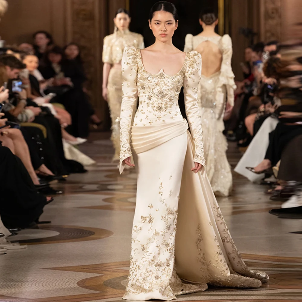 Sexy Satin-Abendkleid, anmutiges Meerjungfrauen-Kleid mit quadratischem Kragen, Ballkleider, modische Perlenstickerei, Kristallbesatz, maßgeschneiderte Kleider für besondere Anlässe