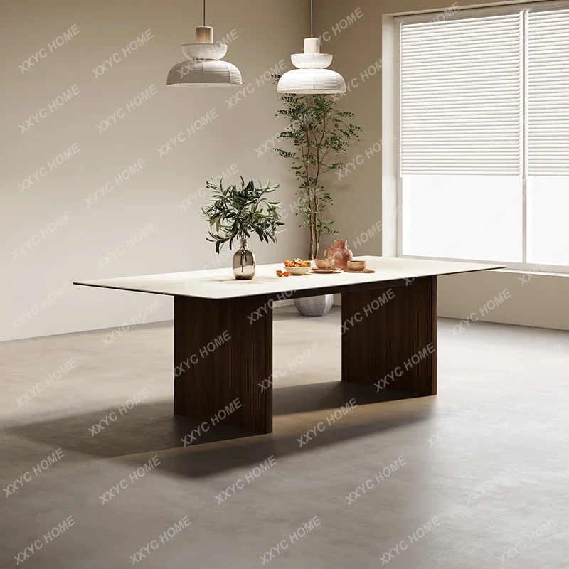 Retro walnut dining table and chair combination imported travertine rock slab oval minimalist large apartment