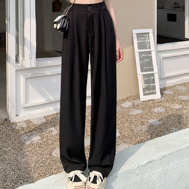 Women Fashion With Darts Front Pockets Wide Leg Pants Vintage High Waist Zipper Female Trousers Summer Pants Baggy Wide-Leg Pant