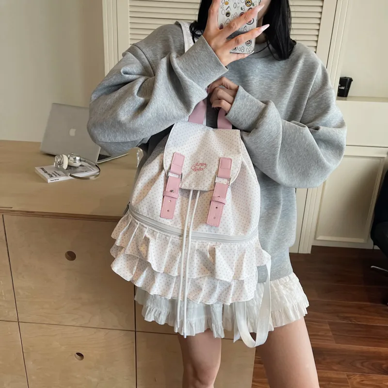 Women Hangbag Large Capacity Backpack Ruffle School, Bag Kawaii Polka Dot Travel, Shoulder Bag Cute Bookbag Pink Casual Daypack