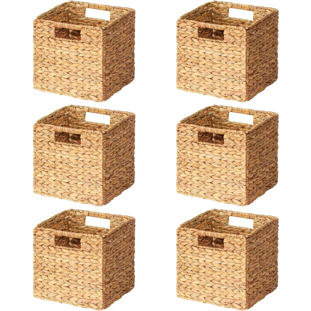 

6 Pack Wicker Basket, Woven Rattan Basket with Handles for Shelves, 10.5x10.5x10.5 inch, Natural Storage Baskets