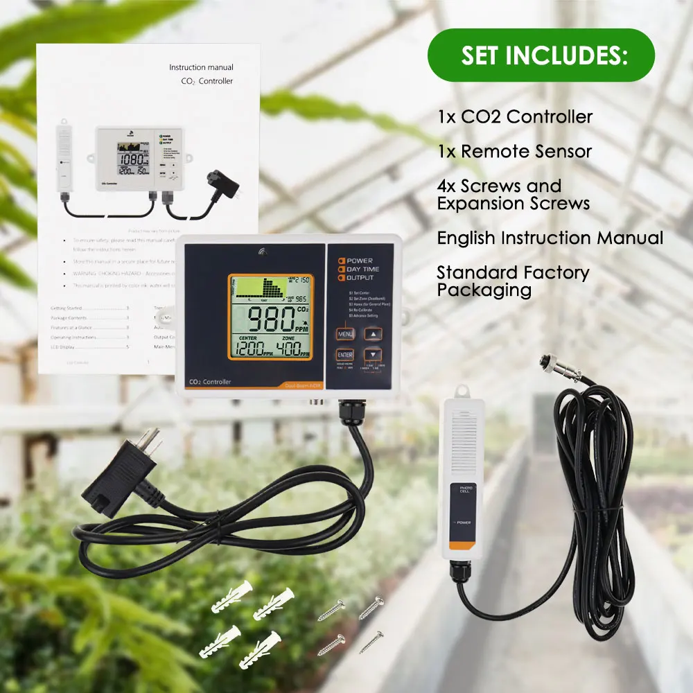 Carbon Dioxide Monitor CO2 Controller w/ 4.6 Meters Dual Beam NDIR Day Night Detector Sensor For Greenhouse Mushrooms