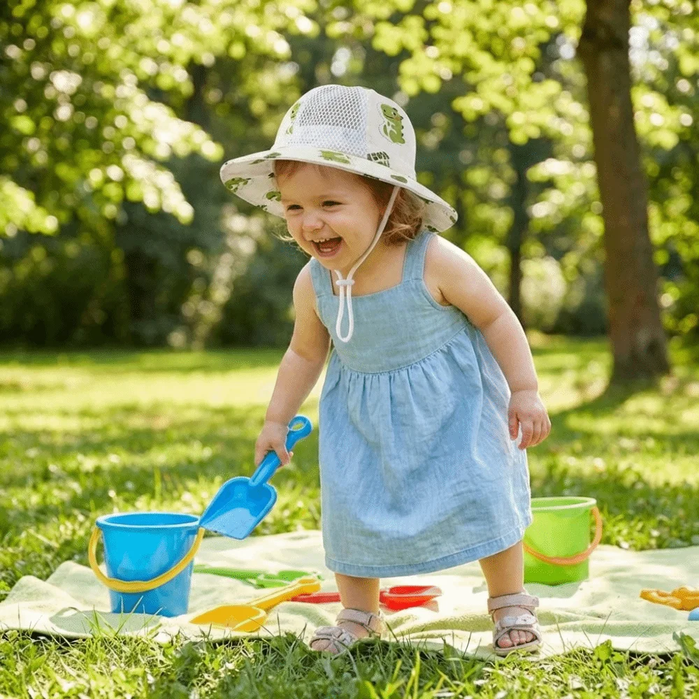 

Cartoon Baby Fisherman Cap Wide Large Brim Breathable Sun Protection Hat Thin Material Adjustable Dinosaur Print Bucket Hat