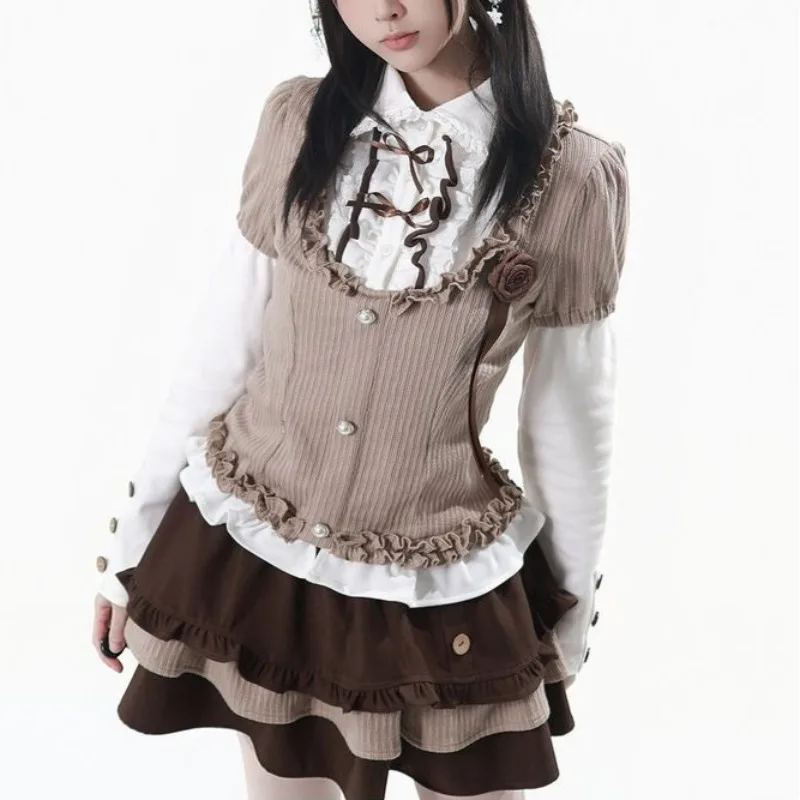 Japanisches Y2K Vintage Süßes Damen 2-Teiliges Set Weiches Strick-Langarmshirt + Mehrlagiger Brauner Rock Schickes Tägliches Y2K Lolita Outfit 2026