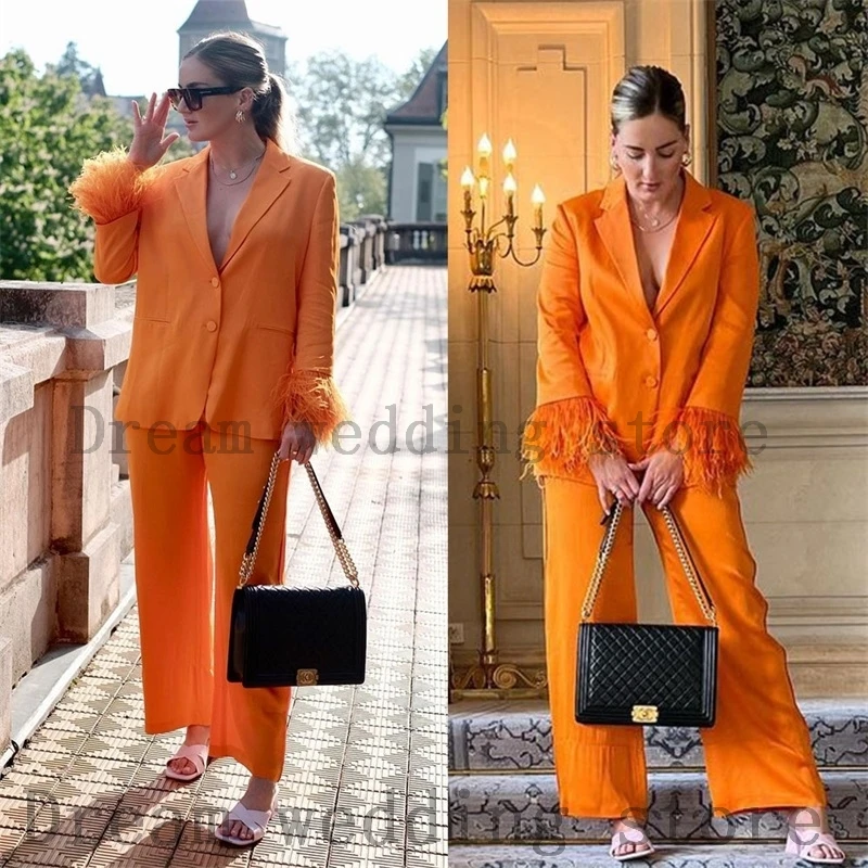 

Ostrich Feather Women Pant Suits Set 2 Pcs Blazer+Loose Trousers Custom Made Casual Street Wear Party Orange Jacket Coat