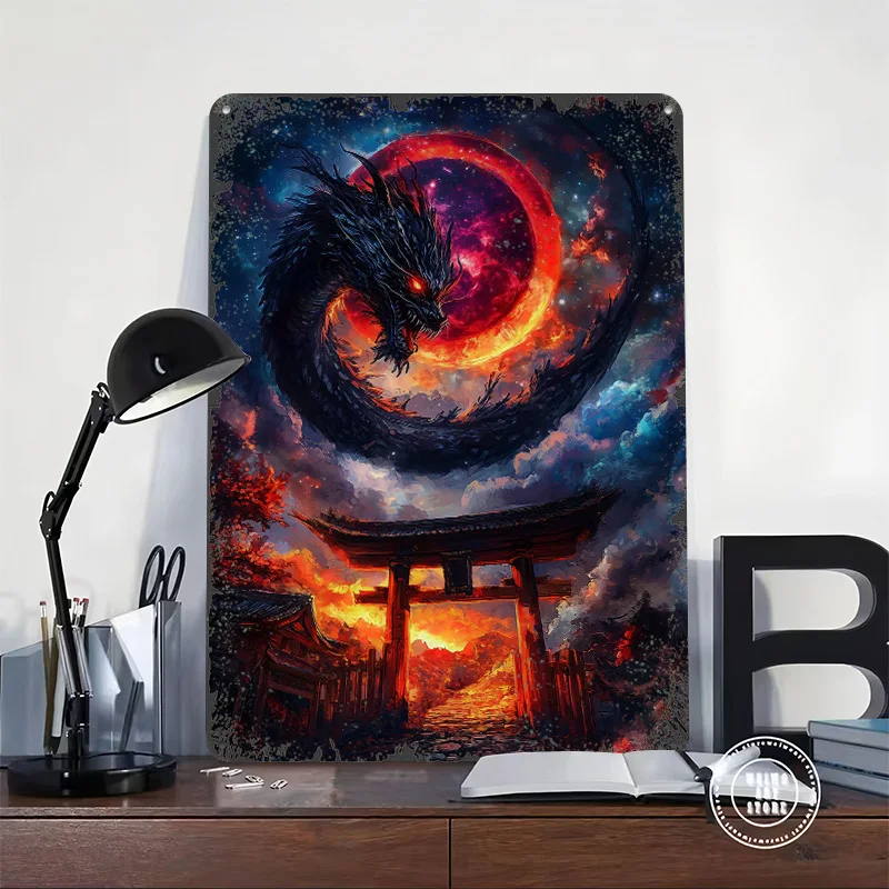 Dragon and Torii Gate Tin Plaque Poster Customized Wall Art Retro Vintage Metal Signs for Man Cave Luxury Home Decor Items Room