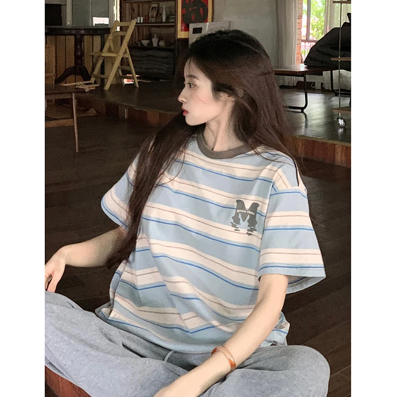 Cloud Color Short-sleeved T-shirt Women Summer Printing Loose Color Collision O-neck Versatile Tees Korean Women