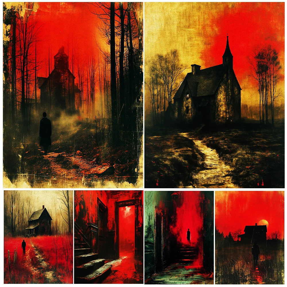 

Creepy Abandoned Haunted House,Vintage Wall Art Canvas Painting,Gothic Dark Fantasy Aesthetics,Art Poster Print, Home Decoration