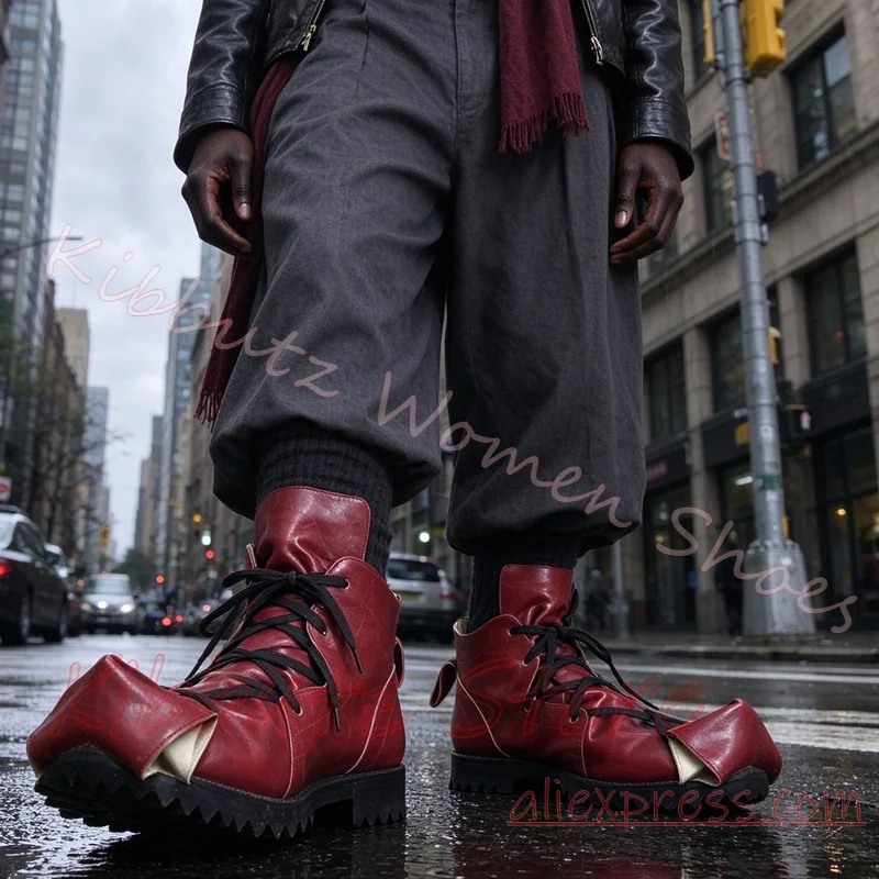 Ankle Boots Women Lace Up Irregular Toe Avant Garde Punk Streetwear Handmade Style Gothic Casual Statement Footwear Leather New