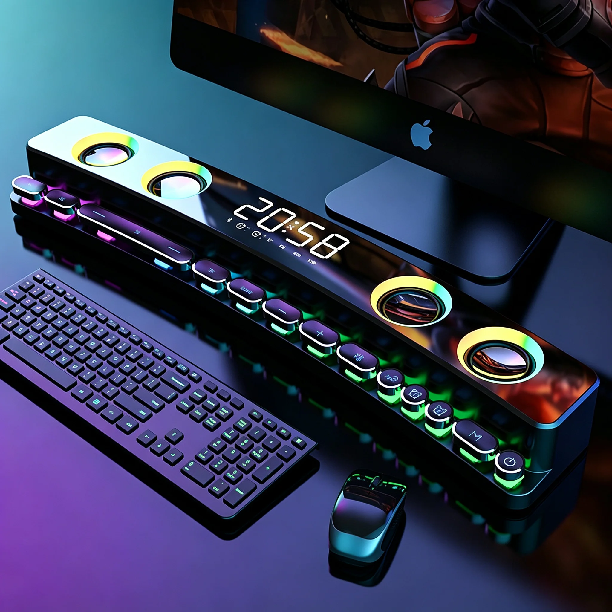 Desktop Gaming Soundbar Bluetooth 5.3 Speaker RGB Spectrum Light Mechanical Button 3D Surround Sound Bar for Computer