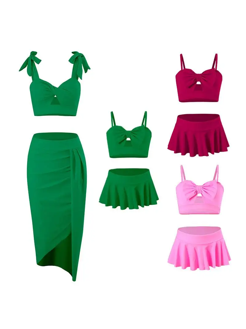 

Комплект из 3 предметов: купальники-бикини для мамы и дочки с юбкой, парные купальники для родителей и детей, нейлоновый материал, для водных видов спорта, одинаковые наряды