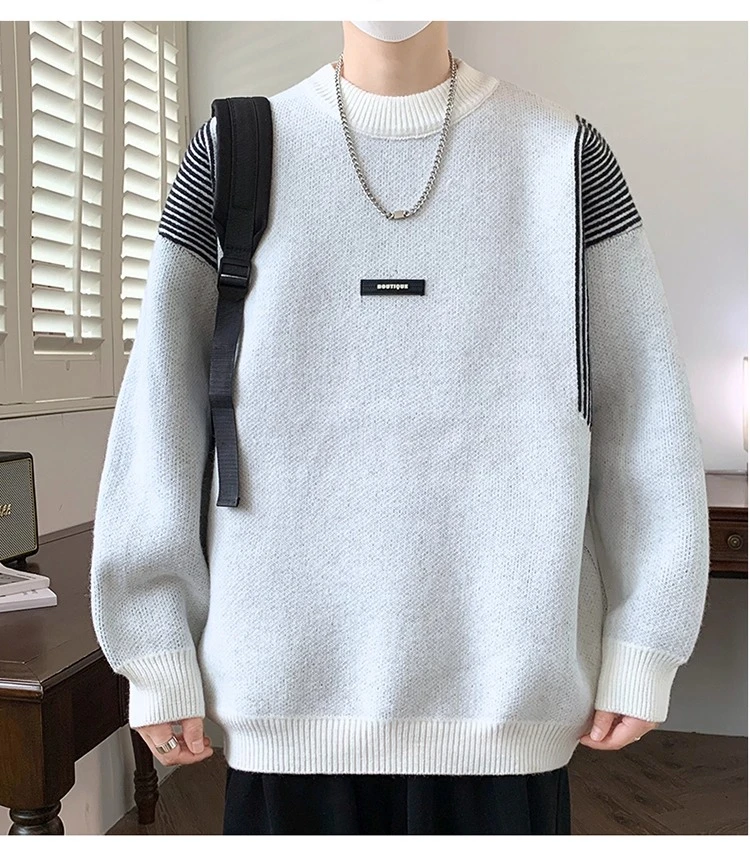 2025 Autumn Winter Gray Black Green White Round Neck Long Sleeve Striped Thickened Warm Loose Casual Knitted Sweater