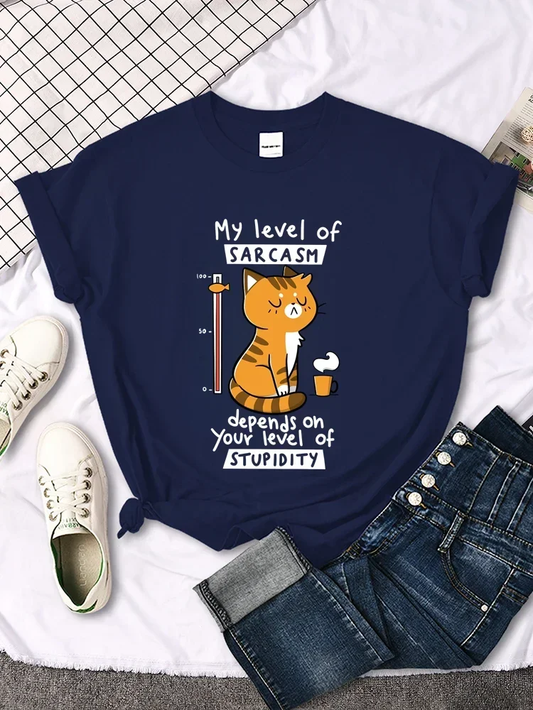 Funny My Level of Sarcasm Depends on Your Level of Stupidity Graphic Women T Shirts Sarcasm Level Cat Tees 2024 Summer T Shirts