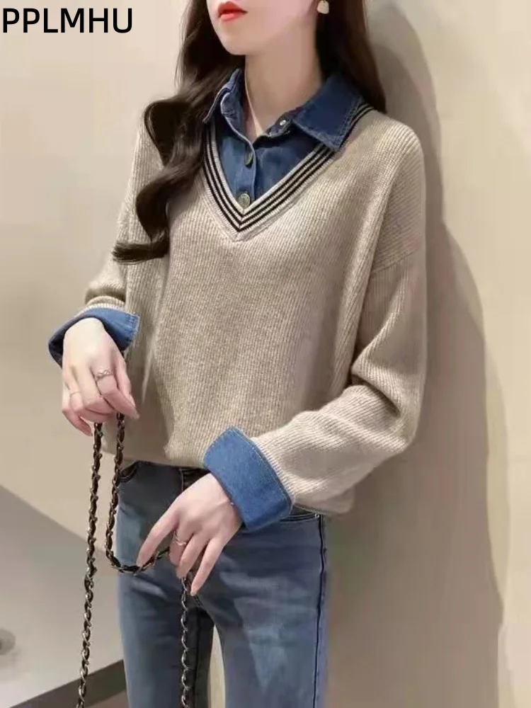 

Джинсовый свитер с воротником, мешковатые женские повседневные корейские модные пуловеры, модные лоскутные мягкие вязаные пуловеры с длинными рукавами Sueter