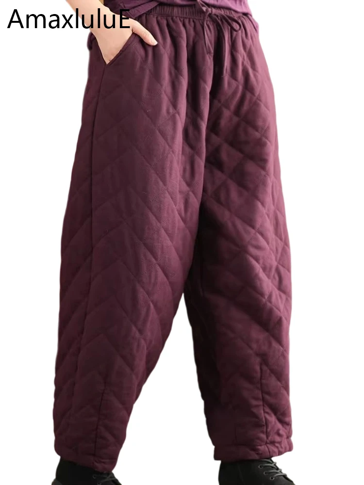 

Amax luluE Linen Padded Warm Winter Women Trousers Fashion Classic Luxury Vintage Pants Loose Casual Big Size Thicken Harem Pant