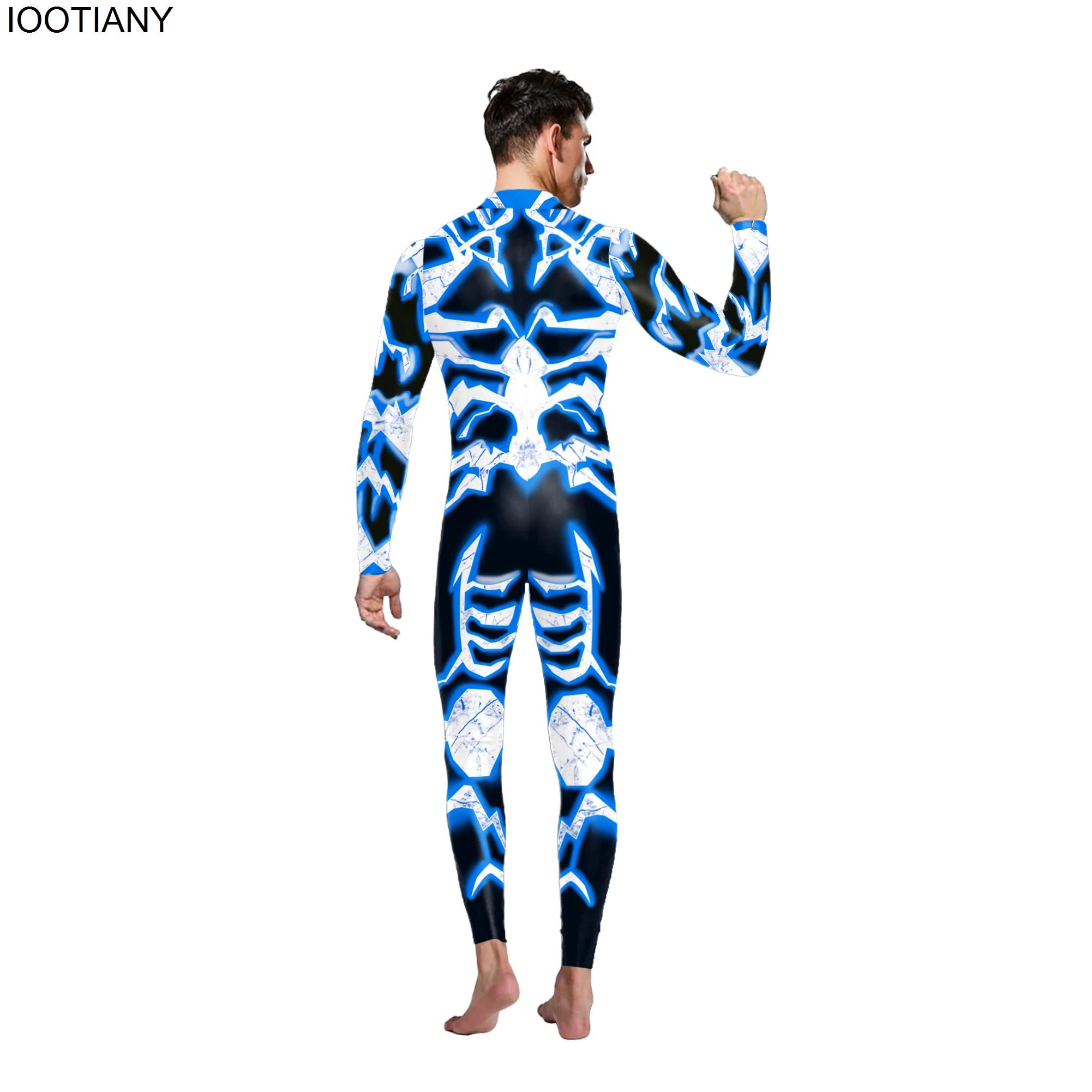 Bodysuits Zentai flexíveis para homens e mulheres macacão de Halloween, festa fitness, traje cosplay de super-herói, manga comprida, macacão estampado