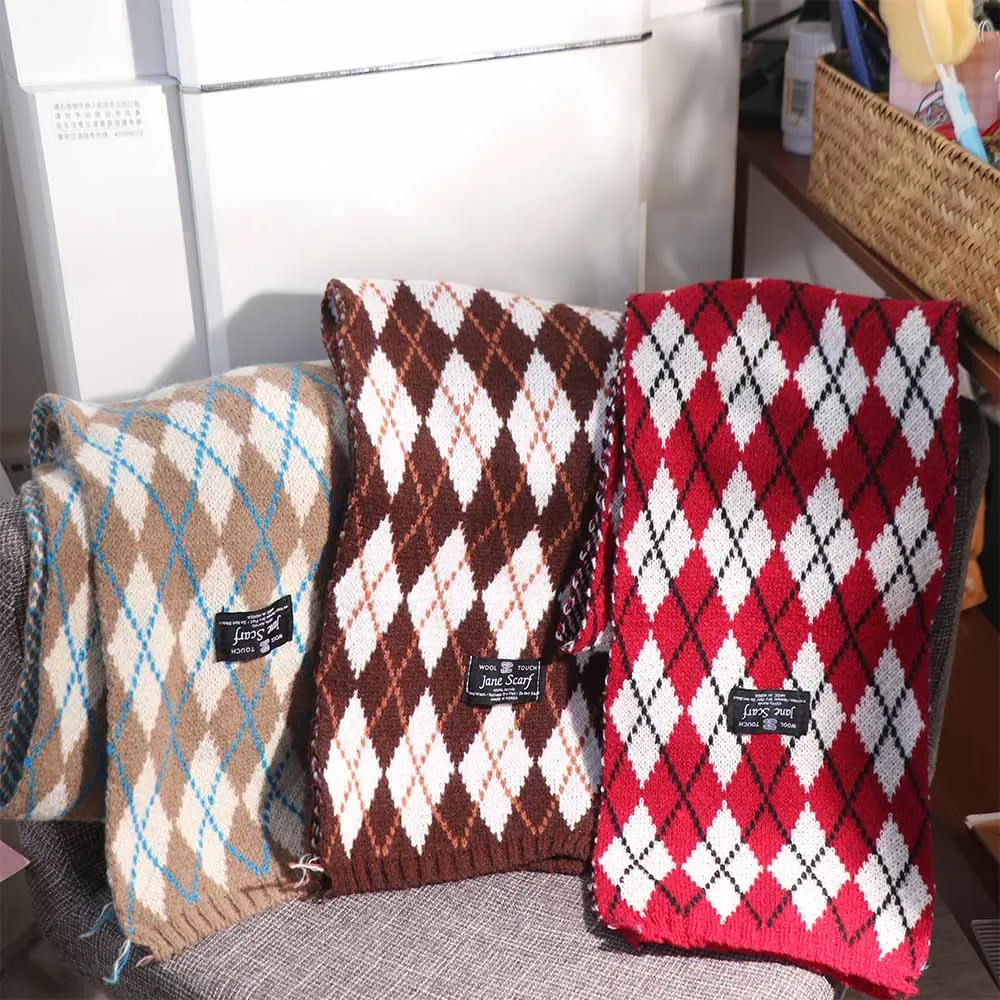 

Fashion Korean Style Diamond Check Scarf Plaid Thickened Y2K Checkered Scarf Warm Long Winter Cashmere Shawl Unisex