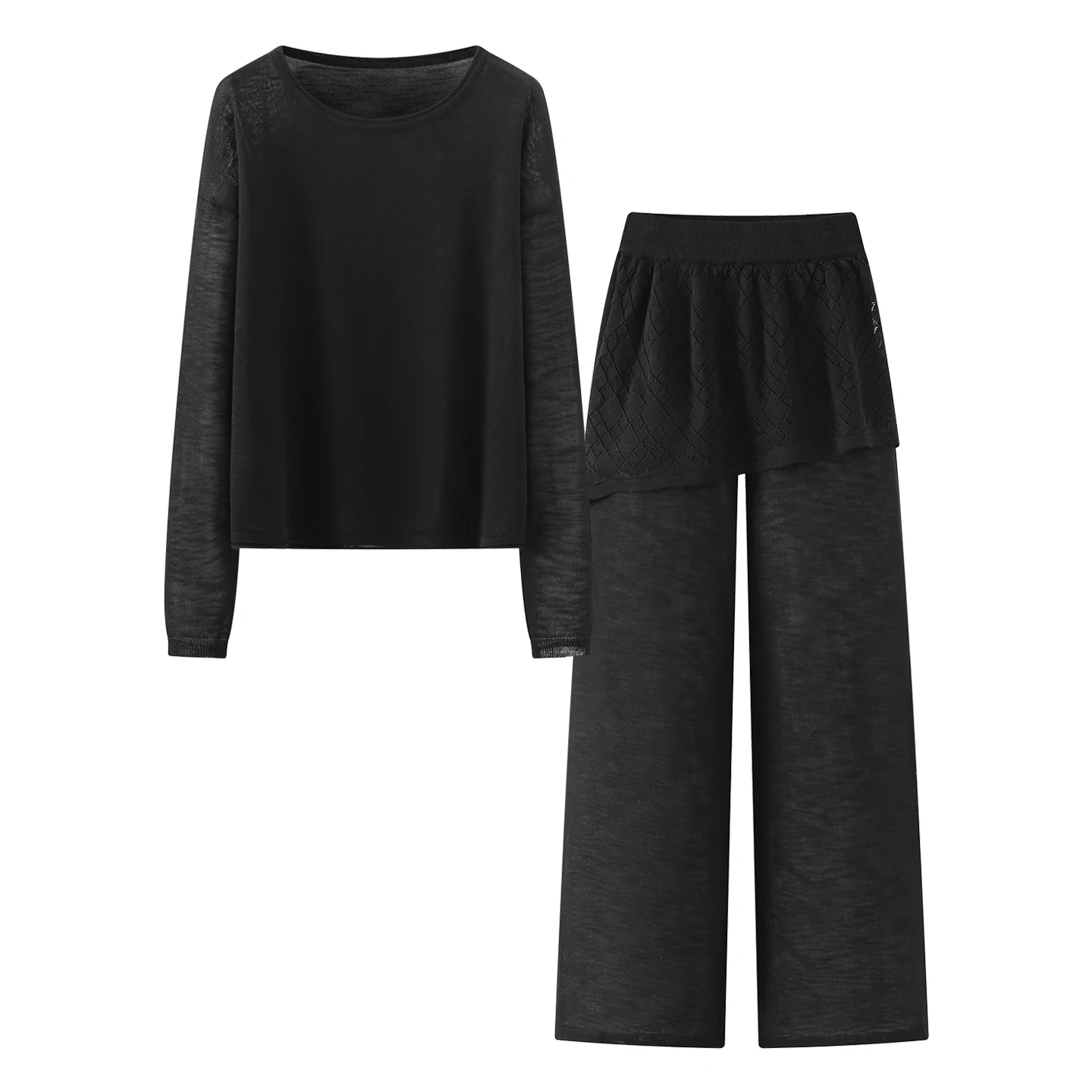 

Korean Style Knitted Casual Pants And Top Set Spring Season Long Sleeve round Neck Two-Piece Set Soft Design Sense Contrast S...