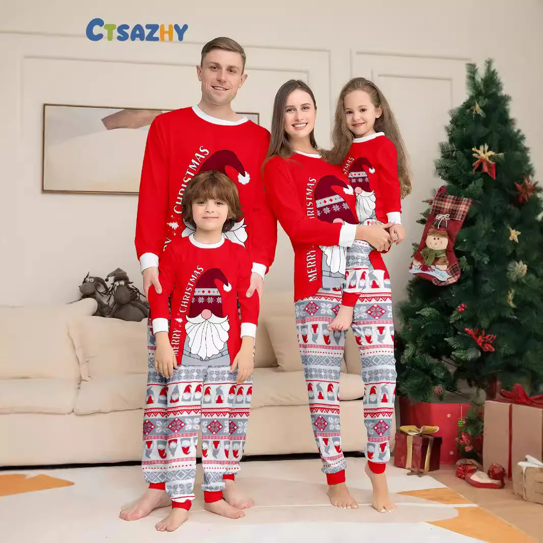 

2025 New Christmas parent-child outfit, cartoon hat, letter print home wear, pajamas, pajamas + long pants 2-piece set， family
