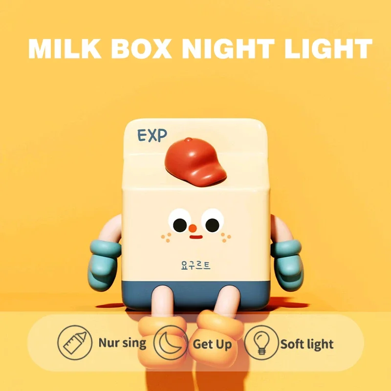 Milk Box LED Night Lamp Cartoon Silicone USB Rechargeable Children Sleeping light Touch Sensor Timing Bedroom Bedside Lamp Gift