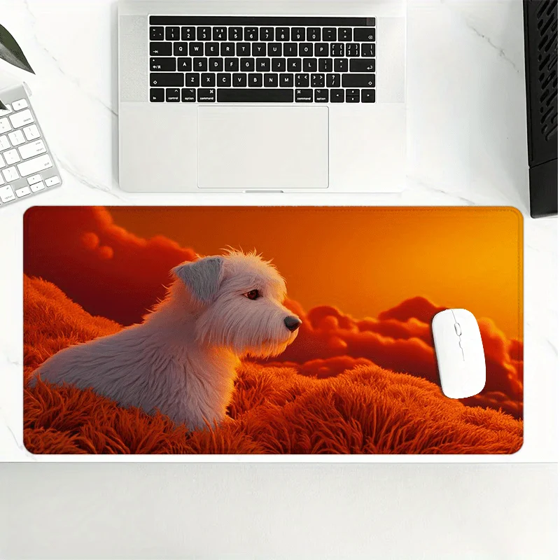 Tapis de souris extra-large au design artistique pour chien – Base en caoutchouc souple antidérapant, paysage rouge et orange vibrant avec chien blanc, 88,9 x 40,64
