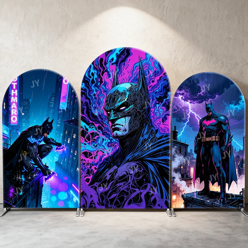 

Batman Neon Cyber Theme Arch Backdrop Cover Purple Blue Smoke Cartoon Background For Kids Birthday Baby Shower Party Decoration