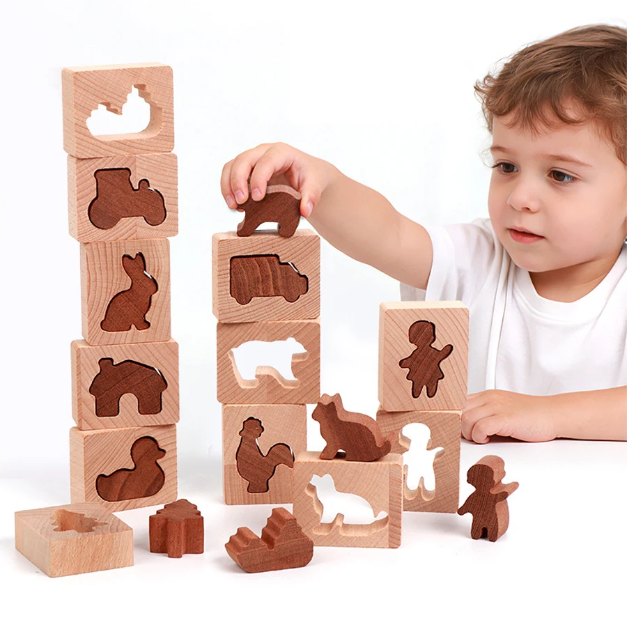 

Wooden Animal Shape Matching Blocks Montessori Stacking Sorter Toy for Toddlers Preschool Early Educational Puzzle