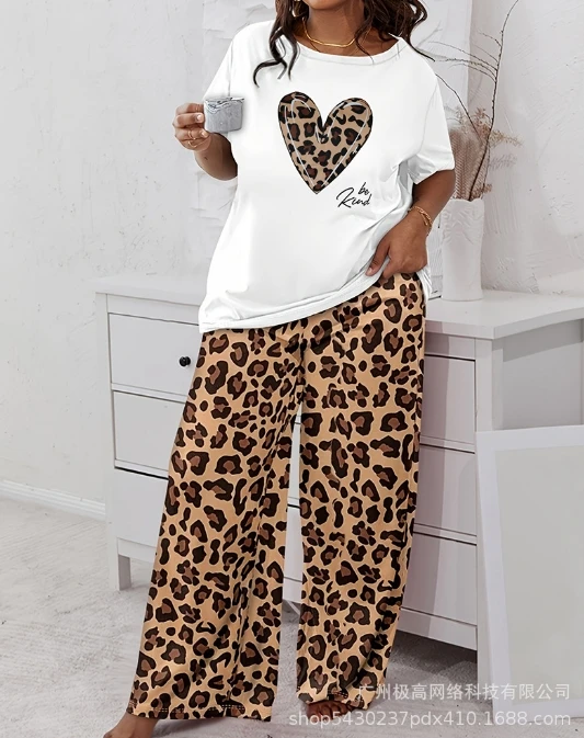 Dames Pyjama Set Luipaard Hart Print Ronde Hals Lange Mouw Pant Home Tweedelige Pak Pullover Broek Broek Broek