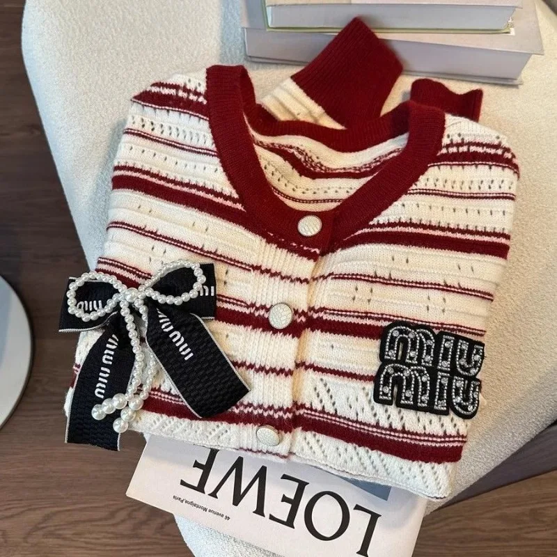 Bow Striped Knitting Cardigan Women Autumn Winter Fashion Loose O-neck Sweater Coat Casual All-match Office Lady Knitwear Tops