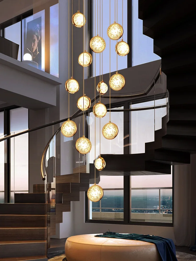 Nordic Luxury Crystal  Ball Led Chandelier Duplex High Stair Rotating Villa Lamp Living Room Lobby Bubble Long Pendant Light