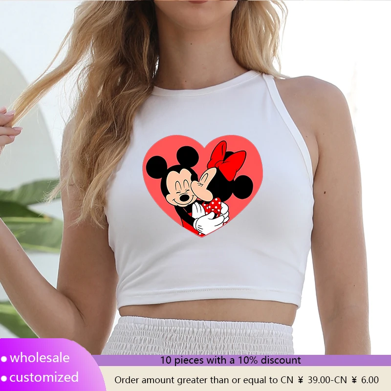 

2025 Fashion Disney Sleeveless Halloween Woman Clothing Tees Cartoon Female Tops T Shirt Custom Clothes Trends Mickey Minnie