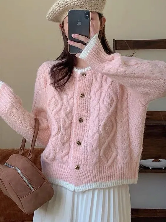Soft Cr Knitted Open Cardigan Women's round Ne Mouton Lazy Sweater Jaet Spring Autumn Loose Fit Single Button Closure